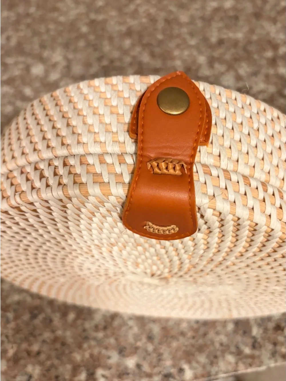 Bali 8” diameter Cream Woven Round Mini Bag with Brown leather Strap - Picture 4 of 6